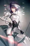  absurdres arched_back bangs belt blurry bodysuit breasts buckle cable closed_mouth clothes_writing corset ghost_in_the_shell gloves head_mounted_display highres hitowa kusanagi_motoko lips looking_at_viewer medium_breasts pulling purple_hair ribs riding short_hair smile solo thigh_strap zipper 