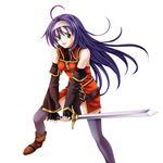  black_gloves detached_sleeves fingerless_gloves fire_emblem fire_emblem:_akatsuki_no_megami gloves green_eyes hairband highres holding holding_sword holding_weapon long_hair purple_hair simple_background solo sword tamamon thighhighs wayu_(fire_emblem) weapon white_background white_hairband 