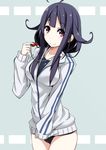  ahoge alternate_costume black_hair hair_flaps hirayama_(hirayamaniwa) holding jacket kantai_collection long_hair looking_at_viewer purple_eyes school_swimsuit smile solo swimsuit swimsuit_under_clothes taigei_(kantai_collection) track_jacket whistle 