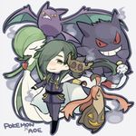  chibi chimecho clenched_teeth closed_eyes crobat crossover gardevoir gen_1_pokemon gen_2_pokemon gen_3_pokemon gen_6_pokemon gengar gourgeist green_hair grin hair_over_one_eye lowres nikkari_aoe no_pupils phantump poke_ball pokemon pokemon_(creature) saku_anna smile teeth touken_ranbu 