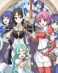 6+girls :&gt; :d :o ;d ^_^ ahoge armor bad_id bad_pixiv_id belt_pouch black_hair blue_eyes blue_hair blue_sky blush bracelet breastplate breasts bridge brown_hair child closed_eyes convenient_censoring cowboy_shot echizen_(hvcv) eyelashes fingerless_gloves fire_emblem fire_emblem:_souen_no_kiseki flying_sweatdrops gloves grey_hair hair_between_eyes hand_on_hip headband highres holding holding_sword holding_weapon jewelry lance laughing liquid looking_at_viewer marcia medium_breasts multiple_girls one_eye_closed open_mouth pauldrons pegasus_knight_(fire_emblem) pink_hair plant polearm pouch scabbard sheath shoulder_pads side_slit sigrun sky smile sparkling_eyes spear spread_legs standing sword tanith test_tube thighhighs thumbs_up tiara tree unsheathed weapon zettai_ryouiki 