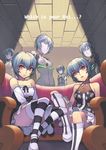  ayanami_rei bangs bare_shoulders blue_hair bodysuit boots breasts ceiling choker collarbone couch detached_sleeves dress english faceless faceless_female frills head_tilt indoors knee_boots knee_up light_frown looking_at_viewer medium_breasts multiple_girls multiple_persona neon_genesis_evangelion parted_lips pleated_skirt plugsuit puppet red_eyes ribbon_choker school_uniform short_hair sitting skirt sleeveless sleeveless_dress spotlight strapless strapless_dress striped striped_legwear thighhighs tile_ceiling tiles white_footwear white_skirt yuksi zipper 