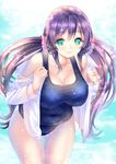  bad_id bad_pixiv_id blush breasts gorua_(youce01) green_eyes large_breasts long_hair love_live! love_live!_school_idol_project one-piece_swimsuit purple_hair smile solo swimsuit toujou_nozomi twintails 