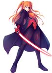  bangs blue_eyes closed_mouth darth_vader energy_sword euforia eyepatch full_body gloves glowing glowing_sword glowing_weapon holding holding_sword holding_weapon hood hooded_jacket jacket lightsaber long_hair looking_at_viewer neon_genesis_evangelion orange_hair plugsuit rebuild_of_evangelion shikinami_asuka_langley simple_background smile souryuu_asuka_langley star_wars sword two_side_up very_long_hair weapon white_background 