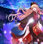  black_dress blonde_hair chinese_clothes cygni dress earth hat highres junko_(touhou) long_hair long_sleeves red_eyes ribbon smile solo space star_(sky) tabard touhou very_long_hair wide_sleeves 