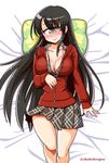  ai_(monster_musume) black_hair blush breasts cleavage cyclops grey_eyes large_breasts long_hair looking_at_viewer lying monster_musume_no_iru_nichijou monster_musume_no_iru_nichijou_online on_back on_bed one-eyed pillow shake-o skirt smile solo twitter_username unzipping very_long_hair 
