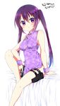  arm_support blush breasts china_dress chinese_clothes dress gochuumon_wa_usagi_desu_ka? gun handgun long_hair looking_at_viewer medium_breasts purple_eyes purple_hair ragho_no_erika sitting solo tedeza_rize thigh_strap trigger_discipline twintails weapon 