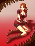 arm_support belt breasts brown_hair claire_redfield cleavage collarbone elbow_gloves fangs fingerless_gloves gloves red_background resident_evil resident_evil_2 sharp_teeth short_hair shorts sidelocks simple_background sitting solo teeth unzipped vest yokozuwari zipper 