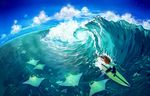  animal blue_sky bodysuit day fish long_hair manta_ray ocean original red_hair skin_tight sky solo splashing surfboard surfing water watermark waves web_address wenqing_yan 