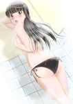  amagami ass ayatsuji_tsukasa bathroom bikini black_bikini_bottom black_eyes black_hair covering covering_breasts h.i.t_(59-18-45) highres long_hair looking_at_viewer open_mouth side-tie_bikini solo swimsuit 