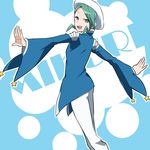  blue_background character_name from_behind green_eyes green_hair looking_at_viewer looking_back male_focus mikuri_(pokemon) open_mouth pokemon saku_anna simple_background solo white_background 