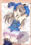  armpits atelier_(series) atelier_totori black_eyes blue_sleeves brown_hair long_hair lying on_back open_mouth pink_skirt restrained shitou_(4h) skirt solo thighhighs totooria_helmold zettai_ryouiki 