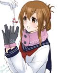  bad_id bad_pixiv_id black_gloves brown_eyes brown_hair folded_ponytail gloves hair_between_eyes inazuma_(kantai_collection) kantai_collection long_hair looking_at_viewer open_mouth pink_scarf scarf school_uniform serafuku shiratama_(shiratama_gold) smile snowman solo_focus upper_body 