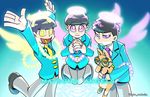  3boys :3 angel_wings black_hair blue_background brothers cat esper_nyanko formal gradient gradient_background halo hands_clasped heart heart_in_mouth kan_(tofslan) male_focus matsuno_ichimatsu matsuno_juushimatsu matsuno_todomatsu messy_hair multiple_boys nail_polish osomatsu-kun osomatsu-san own_hands_together panty_&amp;_stocking_with_garterbelt parody pink_eyes pink_nails purple_eyes purple_nails siblings smile style_parody suit twitter_username wings yellow_eyes yellow_nails 