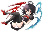  asymmetrical_wings black_hair black_legwear blush clenched_teeth grin houjuu_nue mary_janes panties pantyshot red_eyes ririfu shoes smile solo teeth thighhighs touhou underwear white_panties wings 