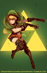  blonde_hair blue_eyes boots bow_(weapon) braid brown_footwear capelet commentary crossbow dual_wielding green_capelet holding leather leather_boots linkle long_hair metalhanzo pointy_ears smile solo the_legend_of_zelda thigh_boots thighhighs triforce twin_braids weapon zelda_musou zettai_ryouiki 