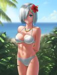  arms_behind_back beach bikini blue_eyes blue_sky blurry bokeh breasts cleavage cowboy_shot day depth_of_field eno_ti_deng flower hair_flower hair_ornament hair_over_one_eye hairclip hamakaze_(kantai_collection) hibiscus highres kantai_collection large_breasts light_smile looking_at_viewer navel outdoors palm_tree revision short_hair silver_hair sky solo strap_gap swimsuit tree tree_branch white_bikini 