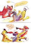  2013 anthro brown_fur canine cat cheetah clothing comic dialogue digital_media_(artwork) duo english_text feet feline fox fur hindpaw kick kooky male mammal multicolored_fur paws red_fur salmy simple_background text two_tone_fur underwear white_background white_fur yellow_fur 