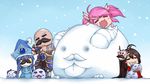  akali artist_name braid braum_(league_of_legends) chibi facial_hair fake_facial_hair fake_mustache highres japanese_clothes kimono league_of_legends long_hair lulu_(league_of_legends) luxanna_crownguard muscle mustache ponytail poro_(league_of_legends) snow snowing wisewolf_art yordle 