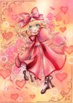 ballpoint_pen_(medium) blonde_hair bow colored_pencil_(medium) dress drill_hair flower green_eyes hair_bow heart hina_ichigo juliet_sleeves long_sleeves mosho open_mouth pink_dress pink_flower pink_rose puffy_sleeves rose rozen_maiden solo traditional_media watercolor_(medium) wide_sleeves 