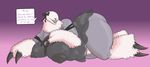  big_breasts black_lips black_nose bow breasts chthon claws dialogue english_text eyeless female fur gradient_background huge_breasts igraine liarborn mature_female nightgown nipples overweight pubes purple_body sharp_teeth simple_background smile solo speech_bubble talking_to_viewer teeth text toe_claws white_fur 