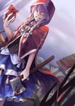  axe blood bloody_clothes braid dress dutch_angle evil_grin evil_smile fang grass grin hair_tie heart_(organ) highres holding holding_heart holding_weapon hood house little_red_riding_hood little_red_riding_hood_(grimm) red_eyes smile solo twin_braids weapon white_hair xueying_hong 