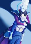  armor black_hair blue_skin clenched_hands closed_eyes covering_another's_eyes covering_eyes crying dark dragon_ball dragon_ball_super fuoore_(fore0042) gloves hug hug_from_behind lipstick makeup male_focus multiple_boys purple_eyes purple_lipstick robe spiked_hair streaming_tears tears vegeta whis white_gloves white_hair widow's_peak 