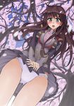  azarashing_day bad_id bad_pixiv_id blush breasts brown_hair cherry_blossoms crotch_seam frilled_panties frills from_below green_eyes long_hair looking_at_viewer medium_breasts open_mouth panties purple_panties setsuko_ohara skirt solo super_robot_wars super_robot_wars_z sweatdrop tree underwear uniform wind wind_lift 