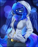  2015 absurd_res anthro anthrofied belt blue_hair breasts cleavage clothed clothing equine feathered_wings feathers female friendship_is_magic hair half-closed_eyes hi_res hoodie horn looking_at_viewer madacon mammal my_little_pony open_shirt princess_luna_(mlp) shirt solo winged_unicorn wings 
