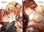  1girl astrid_hofferson blonde_hair blue_eyes blush braid brown_hair chin_grab comparison couple eye_contact freckles green_eyes hair_over_shoulder hetero hiccup_horrendous_haddock_iii how_to_train_your_dragon how_to_train_your_dragon_2 k@de long_hair looking_at_another older role_reversal shirt_grab short_hair single_braid sweatdrop 
