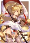  andira_(granblue_fantasy) animal_ears blonde_hair breasts brown_eyes cloud detached_sleeves erune flying_nimbus granblue_fantasy hair_between_eyes hair_ornament hairband highres looking_at_viewer maruyama-jp monkey_tail short_hair small_breasts solo staff tail thighhighs thighs two_side_up white_legwear wide_sleeves 