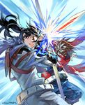  belt black_eyes black_hair blue_eyes brown_hair clash duel energy eyebrows indesign long_hair male_focus multiple_boys ninja plasma_sword ponytail scarf science_fiction short_hair signature sparks spiked_hair strider_(video_game) strider_hien strider_hiryuu tonfa uniform weapon 