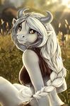  amber_eyes anthro bovine braided_hair breasts cattle clothing female fur hair horn long_hair looking_at_viewer mammal outside shalinka sitting smile solo tauren vest video_games warcraft white_fur white_hair world_of_warcraft 