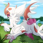 2015 absol alternate_color anal anal_penetration anus balls blitzdrachin butt claws cum cum_on_balls cum_on_penis disembodied_hand disembodied_penis duo eeveelution erection feral flower from_behind fur grass knot looking_back lying male male/male mega_absol mega_evolution nintendo on_front open_mouth outside pawpads penetration penis plant pok&eacute;mon raised_tail sex sharp_claws solo_focus spread_legs spreading toe_claws toes tongue vaporeon video_games water white_fur 