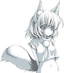  animal_ears arms_behind_back bangs blush crop_top eyebrows eyebrows_visible_through_hair greyscale inubashiri_momiji looking_at_viewer midriff monochrome navel pom_pom_(clothes) seidou_(tukinomiyako) short_hair simple_background solo tail touhou turtleneck upper_body white_background wolf_ears 