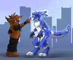  aggrobadger anthro barefoot bioluminescence blue_fur boop brown_fur building cat city cityscape clothed clothing duo feline fur glowing kangaroo male mammal marsupial multicolored_fur outside poking standing tongue tongue_out two_tone_fur white_fur 