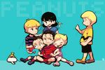  4boys aqua_background black_hair blonde_hair charlie_brown copyright_name haku_le linus_van_pelt lucy_van_pelt multiple_boys multiple_girls overalls peanuts rerun_van_pelt sally_brown schroeder shirt short_hair siblings simple_background snoopy striped striped_shirt woodstock 