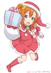  :d artist_name bell blue_eyes boots bow box christmas dated full_body gift gift_box gloves ha-ru hair_bow hat kousaka_honoka looking_at_viewer love_live! love_live!_school_idol_project one_side_up open_mouth orange_hair outstretched_arm over_shoulder pom_pom_(clothes) red_footwear red_gloves sack santa_boots santa_costume santa_gloves santa_hat simple_background smile solo twitter_username white_background 