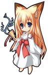  absurdres animal_ear_fluff animal_ears blonde_hair blue_eyes chibi fan fox_ears full_body highres japanese_clothes kazami_karasu kimono long_hair solo standing tenko_kuugen transparent_background very_long_hair wagaya_no_oinari-sama 