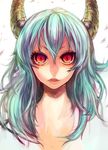  aqua_hair bad_id bad_pixiv_id close-up ex-keine eyelashes face fangs green_hair highres horns kamishirasawa_keine lips long_hair open_mouth portrait red_eyes slit_pupils solo tcb touhou 