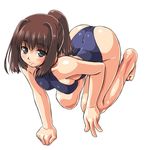  all_fours ass barefoot brown_eyes brown_hair dd_(ijigendd) one-piece_swimsuit original ponytail short_hair solo swimsuit 