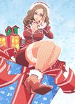  breasts brown_eyes brown_hair christmas cleavage copyright_request fishnets gift glasses high_heels kenix large_breasts long_hair mole panties santa_costume shoes solo thighhighs underwear 