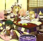  animal_ears ashtray bad_id bad_pixiv_id blonde_hair bonnet book brown_hair cat_ears chen cigarette compass cup earrings food fox_tail fruit hat hidebo jewelry kotatsu long_hair multiple_girls multiple_tails pencil pillow purple_eyes short_hair smoking table tail tea touhou wooden_pencil yakumo_ran yakumo_yukari yellow_eyes yunomi 