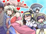  4girls ^_^ angry arm_hug between_breasts blonde_hair blue_hair blush_stickers breasts chibi clenched_hand closed_eyes faceless faceless_male gloves grey_hair hairband happy hat heart hetero japanese_clothes kashi large_breasts long_hair multiple_girls off_shoulder pointing purple_hair sengoku_hime shimazu_iehisa shimazu_toshihisa shimazu_toshihisa_(sengoku_hime) shimazu_yoshihiro_(sengoku_hime) shimazu_yoshihisa short_hair thighhighs zettai_ryouiki 