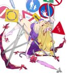  blonde_hair breasts covered_nipples crossed_legs gap gloves komio_(do@ho) legs long_hair medium_breasts red_eyes road_sign shoe_dangle sign sitting solo stop_sign touhou white_gloves yakumo_yukari 