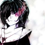  black_hair black_matagi black_rock_shooter burning_eye eyepatch headphones lowres portrait purple_eyes short_hair solo witch_(dk) 