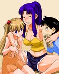  2girls breasts brown_background cleavage denim denim_shorts grin hands highres ikari_shinji katsuragi_misato large_breasts multiple_girls navel neon_genesis_evangelion no_bra ponytail rebuild_of_evangelion shikinami_asuka_langley shinama shorts simple_background smile souryuu_asuka_langley 