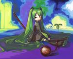  :x ball_and_chain_restraint clover detached_sleeves green_eyes green_hair hatsune_miku long_hair myu necktie one_eye_closed sitting solo thighhighs twintails very_long_hair vocaloid 