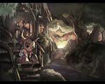  brown_hair horns ibuki_suika indian_style long_hair one_eye_closed ph. ruins scenery sitting solo stream sunset touhou wallpaper 