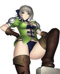  boots bow bow_panties cassandra_alexandra elbow_gloves gloves green_eyes grey_hair hand_on_hip kansuke panties solo soulcalibur thigh_boots thighhighs underwear 